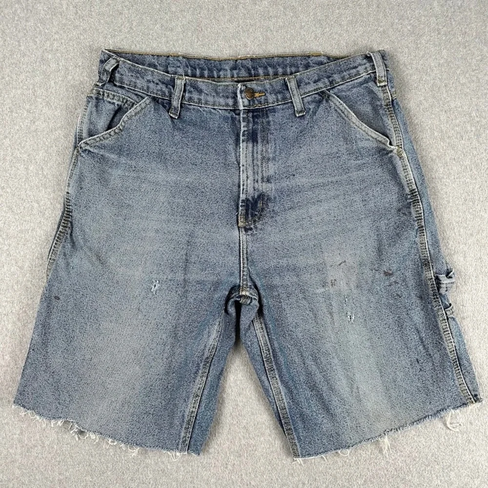 RK Brand Mens 34 Blue Denim Carpenter Shorts Raw Hem Distressed Workwear Cut Off